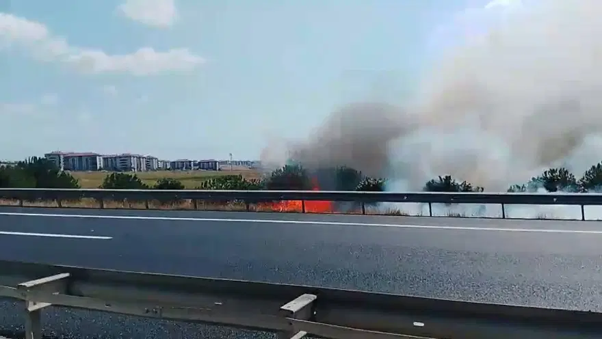 Silivri'de tarla yangını. TEM Otoyolu çift yönlü kapatıldı, alevler yerleşim yerine yakın