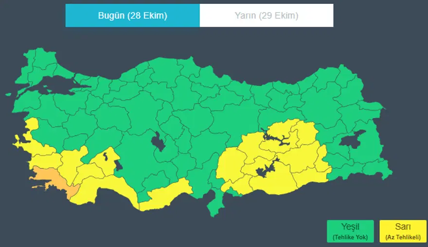 1 İL İÇİN TURUNCU, 18 İL İÇİN SARI KOD 1