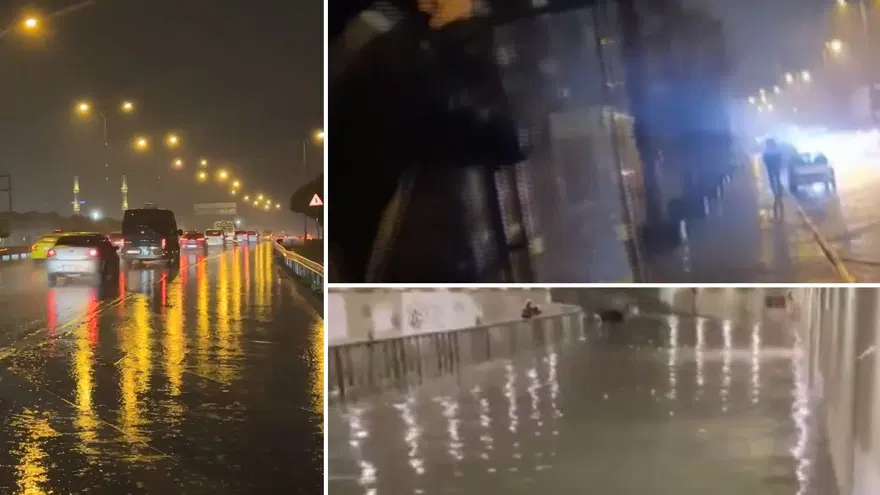 YOLLAR GÖLE DÖNDÜ, BAZI ARAÇLAR MAHSUR KALDI 1
